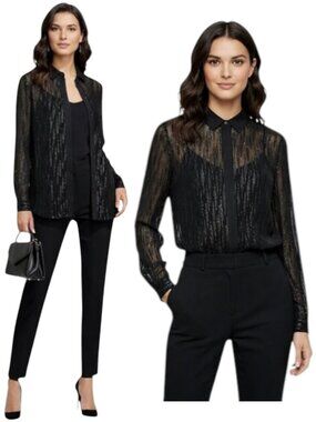Reiss Black Sheer Mesh Metallic Blouse Long Sleeve 6